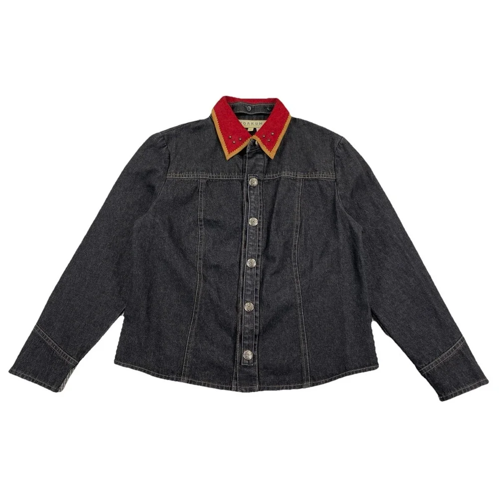 Double D Ranch Yoakum Women's Medium Black‎ Denim Jacket Beaded Collar